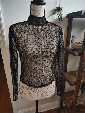 For Love And Lemons Black Floral Lace Mock Neck Top